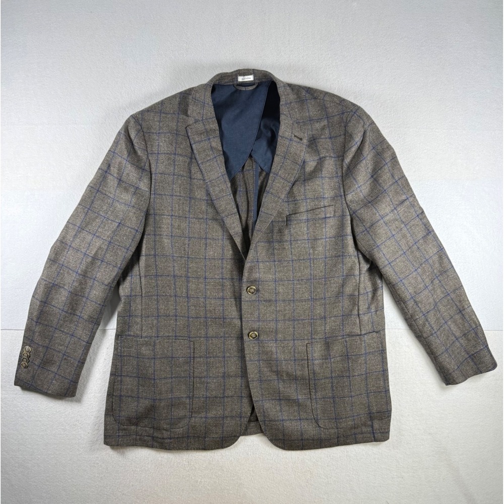 Peter Millar Mens XL Grey Blue Windowpane Plaid Wool Blend Sport Coat Blazer